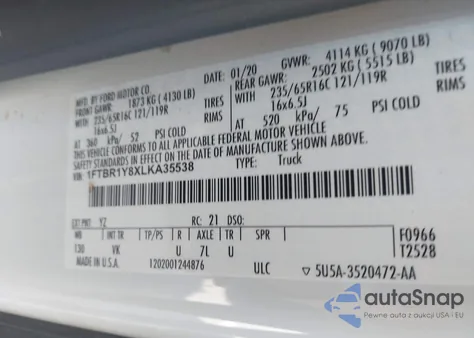 2020 Ford Transit-250 from USA, damaged, VIN 1FTBR1Y8XLKA35538